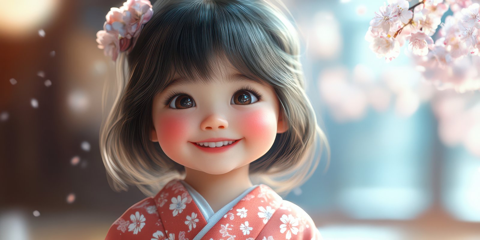 Smiling young girl in a floral kimono during springtime cherry blossom celebration